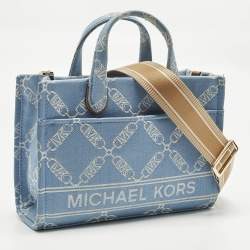 Pre Owned Michael Kors Blue/Beige Empire Logo Jacquard Canvas Small Gigi Tote