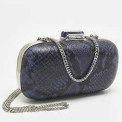 Pre Owned Michael Kors Blue/Black Python Embossed Leather Elsie Dome Chain Clutch