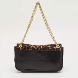 Pre Owned Michael Kors Black/Brown Leopard Print Calfhair and Leather Small Hamilton Flap Shoulder Bag