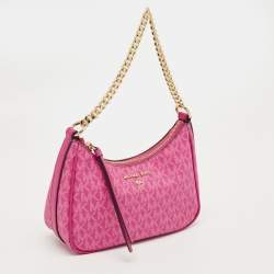 Pre Owned Michael Kors Pink Signature Coated Canvas and Leather Jet Set Charm Pochette Bag