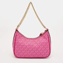 Pre Owned Michael Kors Pink Signature Coated Canvas and Leather Jet Set Charm Pochette Bag