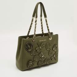 Pre Owned Michael Kors Green Leather Medium EW Susannah Embellished Tote