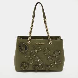 Pre Owned Michael Kors Green Leather Medium EW Susannah Embellished Tote