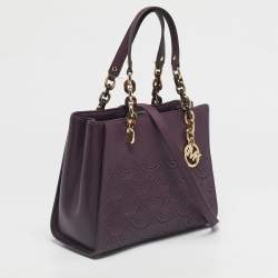 Pre Owned Michael Kors Purple Lasercut Leather North South Sofia Tote