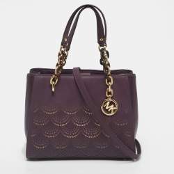 Pre Owned Michael Kors Purple Lasercut Leather North South Sofia Tote