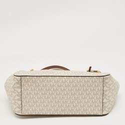 Pre Owned Michael Kors White/Brown Signature Coated Canvas and Leather Large Jet Set Travel Chain Bag