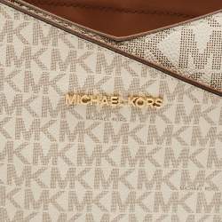Pre Owned Michael Kors White/Brown Signature Coated Canvas and Leather Large Jet Set Travel Chain Bag