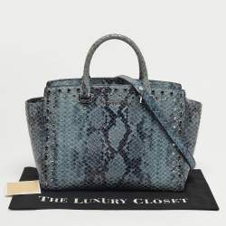 Pre Owned Michael Kors Blue Python Embossed Leather Large Embellished Selma Tote