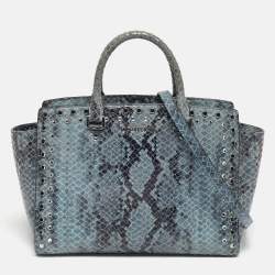 Pre Owned Michael Kors Blue Python Embossed Leather Large Embellished Selma Tote