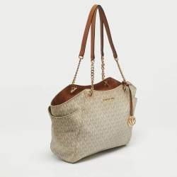 Pre Owned Michael Kors Off White/Brown Signature Coated Canvas Jet Set Travel Chain Tote