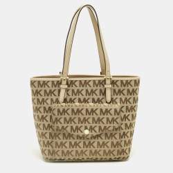 Pre Owned Michael Kors Beige Signature Canvas and Leather Jet Set Pocket Tote