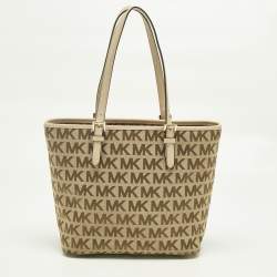 Pre Owned Michael Kors Beige Signature Canvas and Leather Jet Set Pocket Tote