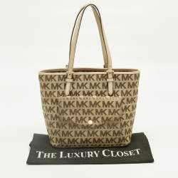 Pre Owned Michael Kors Beige Signature Canvas and Leather Jet Set Pocket Tote
