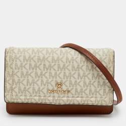 Pre Owned Michael Kors White/Brown Signature Coated Canvas and Leather Phone Crossbody Bag