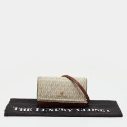 Pre Owned Michael Kors White/Brown Signature Coated Canvas and Leather Phone Crossbody Bag