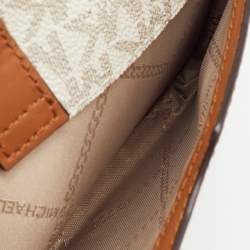 Pre Owned Michael Kors White/Brown Signature Coated Canvas and Leather Phone Crossbody Bag