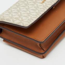 Pre Owned Michael Kors White/Brown Signature Coated Canvas and Leather Phone Crossbody Bag