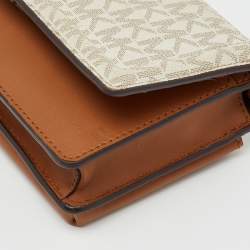 Pre Owned Michael Kors White/Brown Signature Coated Canvas and Leather Phone Crossbody Bag