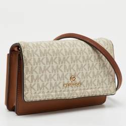 Pre Owned Michael Kors White/Brown Signature Coated Canvas and Leather Phone Crossbody Bag