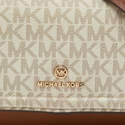 Pre Owned Michael Kors White/Brown Signature Coated Canvas and Leather Phone Crossbody Bag