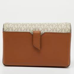 Pre Owned Michael Kors White/Brown Signature Coated Canvas and Leather Phone Crossbody Bag