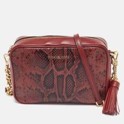 Pre Owned Michael Kors Red  Python Embossed and Leather Jet Set Tassel Camera Bag