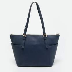 Pre Owned Michael Kors Navy Blue Leather Jet Set E/W Top Zip Tote