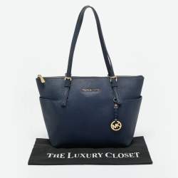 Pre Owned Michael Kors Navy Blue Leather Jet Set E/W Top Zip Tote