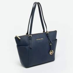 Pre Owned Michael Kors Navy Blue Leather Jet Set E/W Top Zip Tote