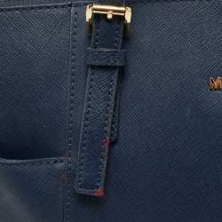 Pre Owned Michael Kors Navy Blue Leather Jet Set E/W Top Zip Tote