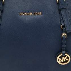 Pre Owned Michael Kors Navy Blue Leather Jet Set E/W Top Zip Tote