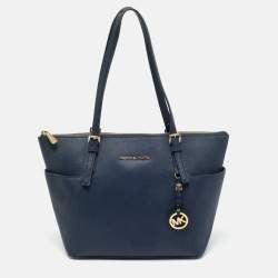 Pre Owned Michael Kors Navy Blue Leather Jet Set E/W Top Zip Tote