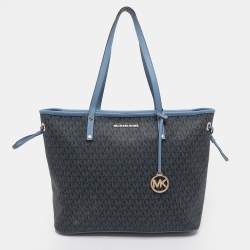 Pre Owned Michael Kors Blue Signature Coated Canvas and Leather Jet Set Travel Tote