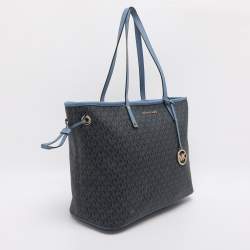 Pre Owned Michael Kors Blue Signature Coated Canvas and Leather Jet Set Travel Tote