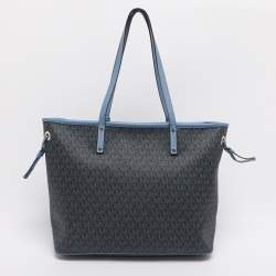 Pre Owned Michael Kors Blue Signature Coated Canvas and Leather Jet Set Travel Tote