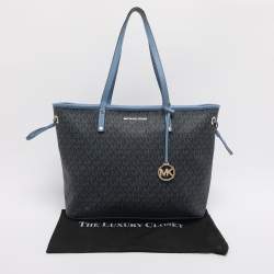 Pre Owned Michael Kors Blue Signature Coated Canvas and Leather Jet Set Travel Tote