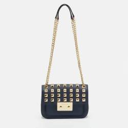Pre Owned Michael Kors Studded Sloan Navy Blue Leather Shoulder Bag