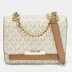 Pre Owned Michael Kors Jade White/Brown Signature Coated Canvas and Leather Shoulder Bag