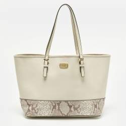 Pre Owned Michael Kors Jet Set Off White/Grey Python Embossed and Leather Tote