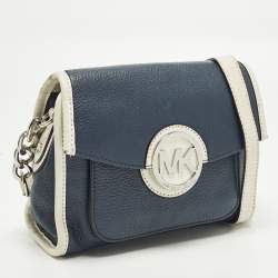 Pre Owned Michael Kors Margo Navy Blue/White Leather Crossbody Bag
