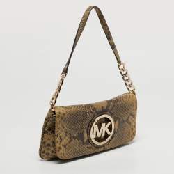 مملوكة مسبقًا حقيبة كتف مايكل كورس سلسة لوغو جلد منقوش بيثون أخضر فاتح