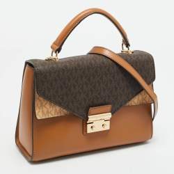 مملوكة مسبقًا حقيبة مايكل كورس يد علوية جلد وقماش مقوى شهير بني صالون