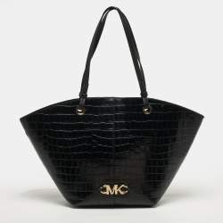 Pre Owned Michael Kors Izzy Black Croc Embossed Leather Tote