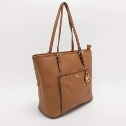 Pre Owned Michael Kors Jet Set Brown Saffiano Leather Snap Pocket Tote