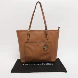 Pre Owned Michael Kors Jet Set Brown Saffiano Leather Snap Pocket Tote