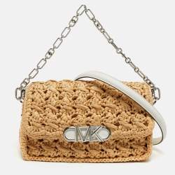 Pre Owned Michael Kors Parker Medium Beige/White Raffia and Leather Shoulder Bag