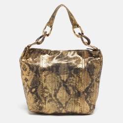 Pre Owned Michael Kors Chain Detail Gold Python Print Suede Hobo