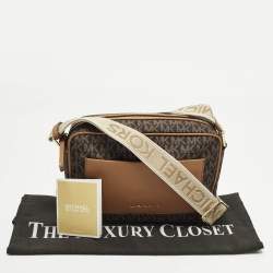 Pre Owned Michael Kors Jet Set Large Brown MK Signature Nylon Webbing Strap Crossbody Bag