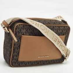 Pre Owned Michael Kors Jet Set Large Brown MK Signature Nylon Webbing Strap Crossbody Bag