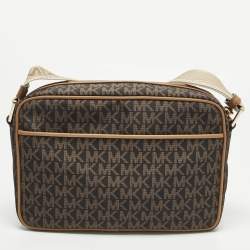 Pre Owned Michael Kors Jet Set Large Brown MK Signature Nylon Webbing Strap Crossbody Bag